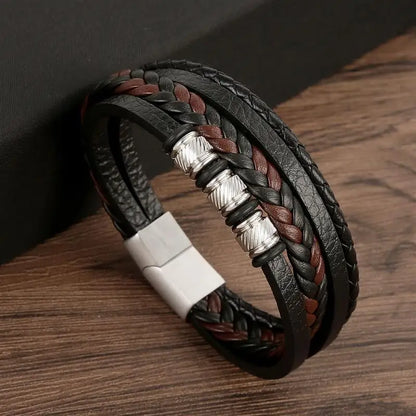 Men’s Multilayer Leather Bracelet | Handwoven Design with Magnetic Alloy Clasp