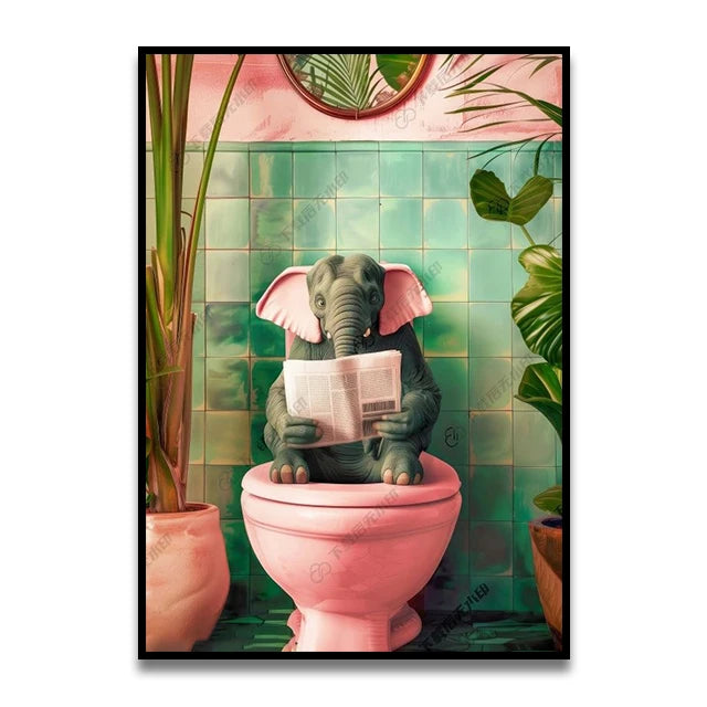 Bathroom Cat Reading on Toilet Canvas Wall Art Print Poster Funny Animal Decor Painting Home Room Decor Gift Unframed