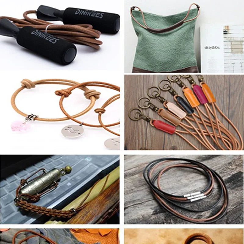 A 3x3 collage showing various leather accessories: two black jump ropes with 'DINIKES' branding, a sage green fabric bag, multiple tan leather cord bracelets with metal charms, a set of colorful leather keychains, a silver-toned bottle pendant on a leather strap, several coiled leather cords, and a close-up of a tan leather item.