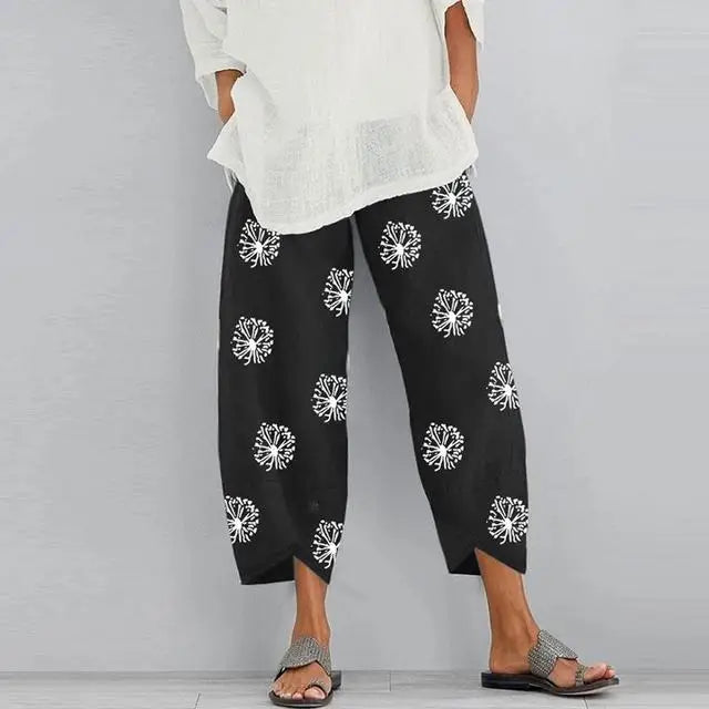 Women's Harem Pants Vintage Cotton Linen Elastic Waist Wide Leg Trousers Female Casual Solid Pockets Loose Cropped Pants
