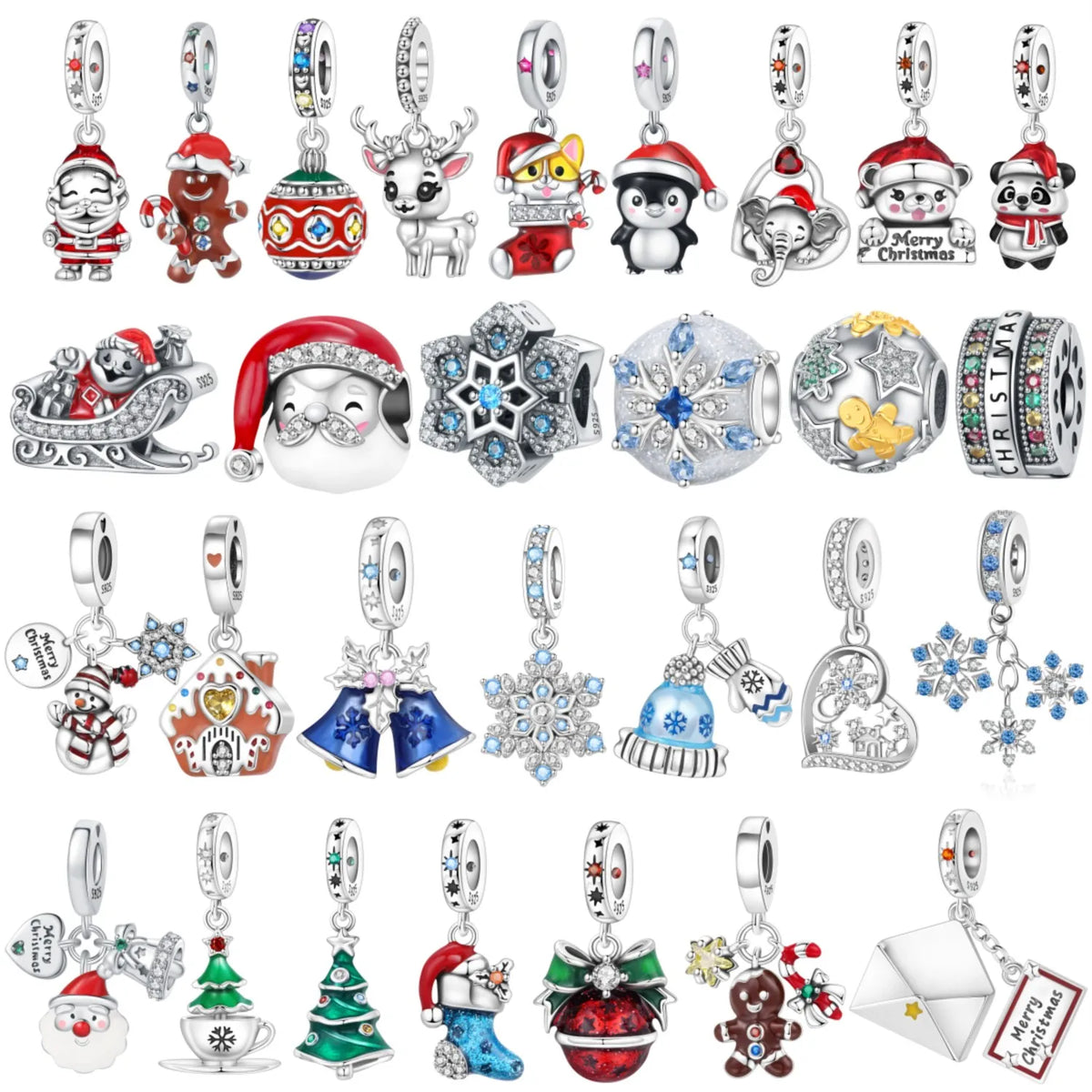 A grid of many silver-toned charm beads with Christmas-themed designs, including Santa, gingerbread cookies, reindeer, penguins, snowflakes, ornaments, sleighs, bells, houses, trees, and holiday motifs on a plain white background.
