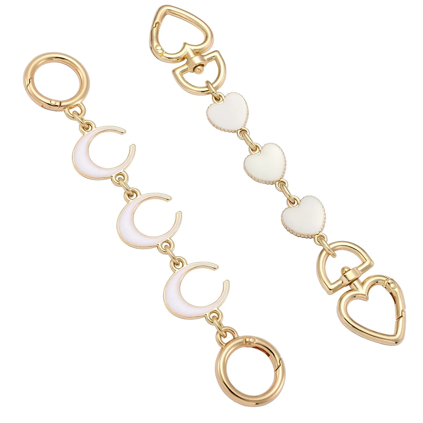Gold and white heart and moon-shaped bag chain on a white background