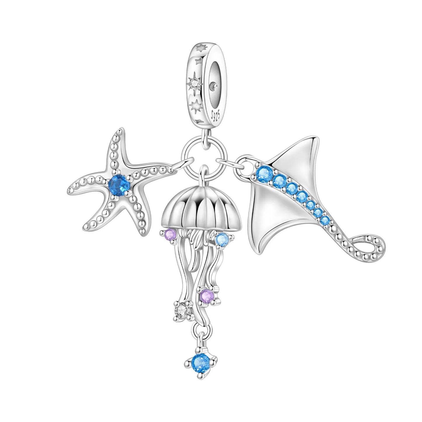 Silver charm with starfish, jellyfish, and manta ray on a white background