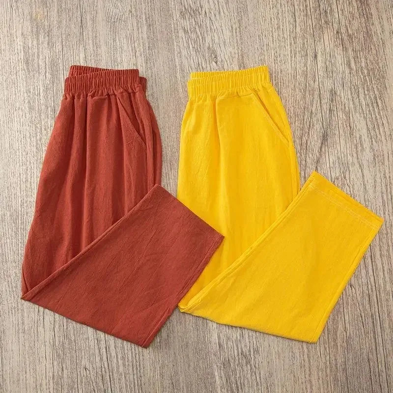 Women Casual Loose Harem Elastic Waist Cotton Linen Pants Ninth Trousers