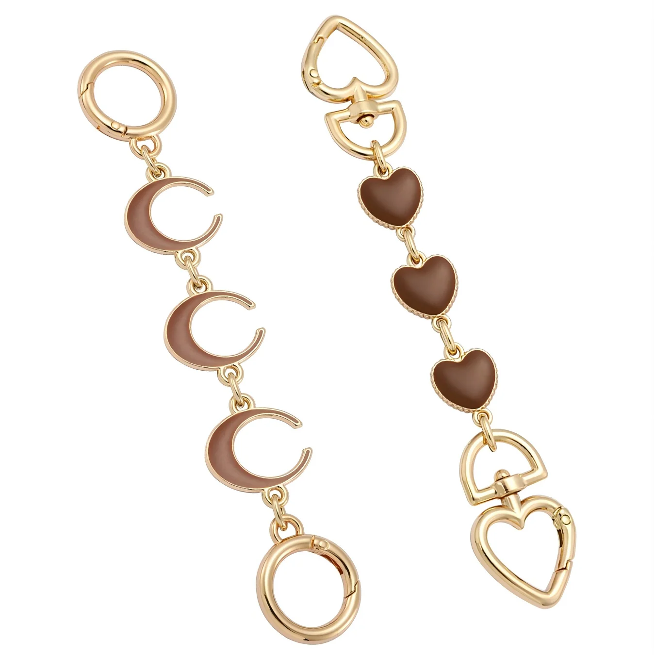 Gold and brown heart, moon, and circle bag chain on a white background