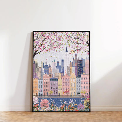 1pc Modern Cityscape Travel Mural Pink Flowers Nature Landscape Buildings Art Poster European City Mural Unframed Home Decor