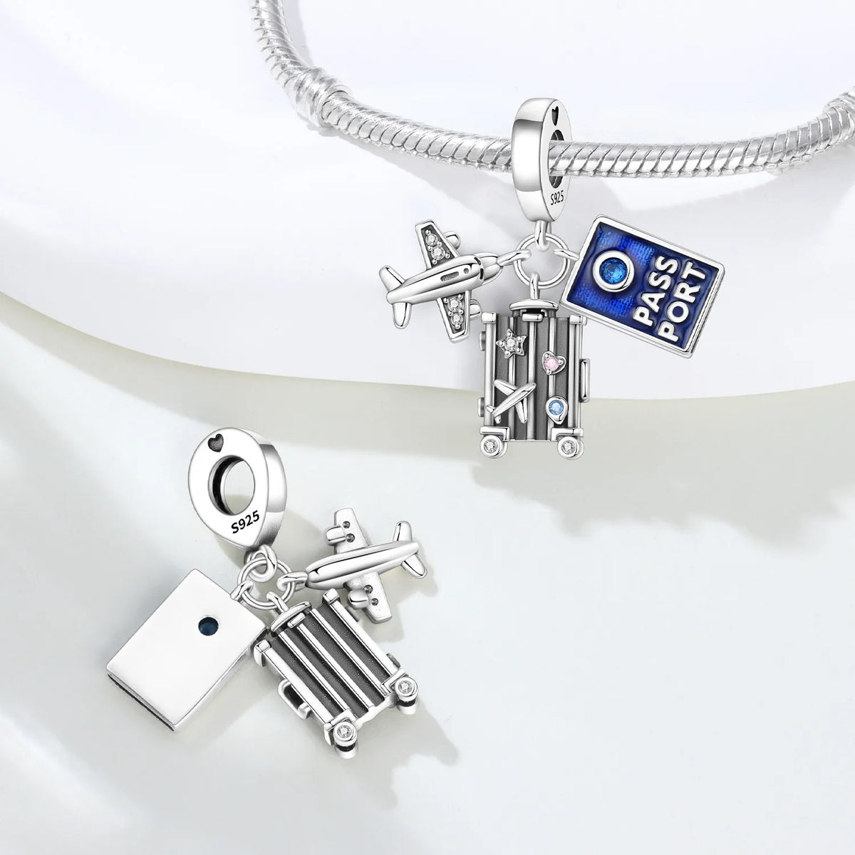 Travel Charm | Sterling Silver Airplane, Passport & Suitcase Dangle | Wanderlust Bracelet Bead Gift