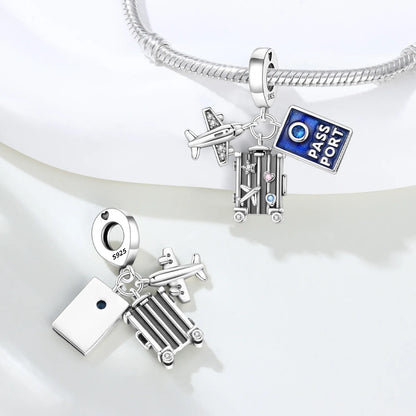 Travel Charm | Sterling Silver Airplane, Passport & Suitcase Dangle | Wanderlust Bracelet Bead Gift