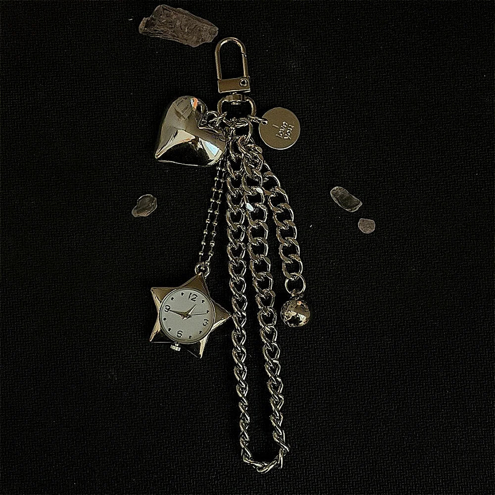 Heart Watch Bag Charm | Functional Clock Keychain | Purse & Backpack Charm with Heart, Key & Crystal Accents