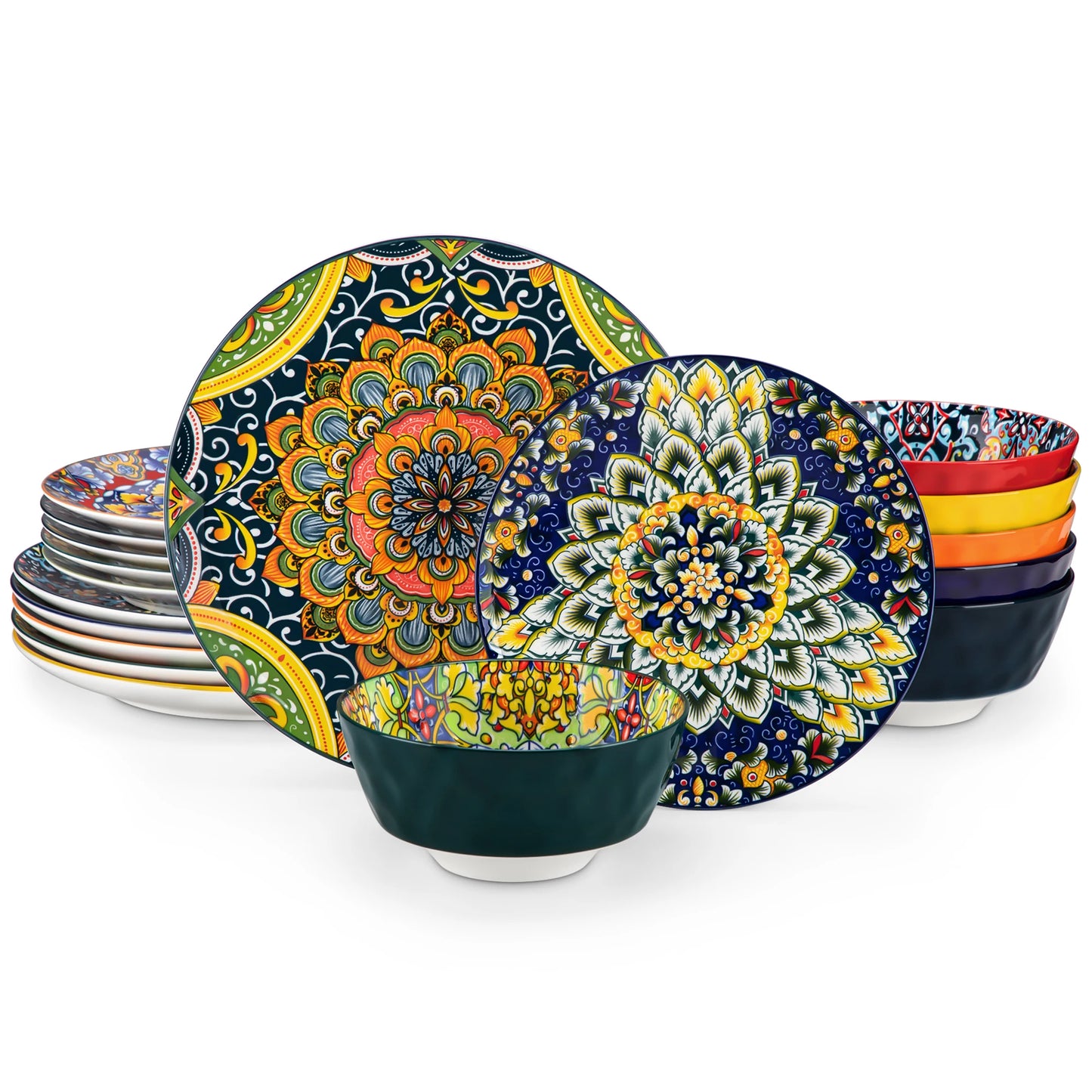 Boho Stoneware Dinnerware Set for 6 | Ceramic Plates & Bowls | 12, 16, 18 or 24 Pieces