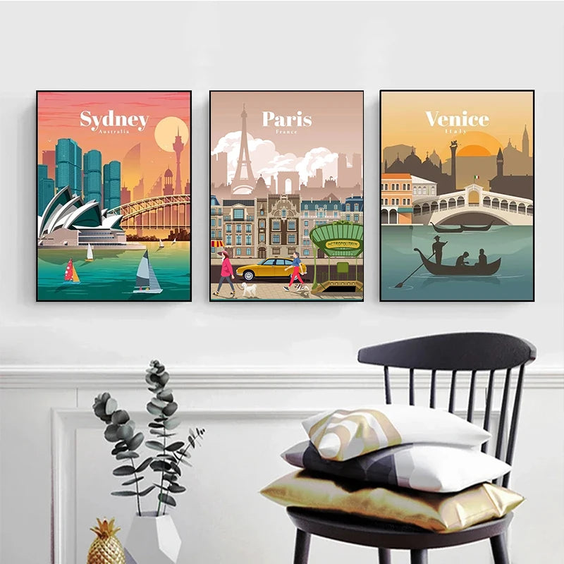 World Famous Tourist Cities Poster Prints London New York City Travel Wall Art Canvas Painting Picture Home Living Room Decor