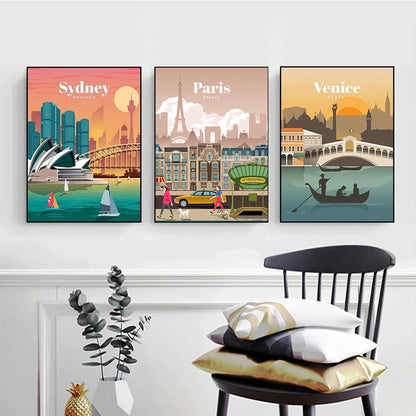 World Famous Tourist Cities Poster Prints London New York City Travel Wall Art Canvas Painting Picture Home Living Room Decor