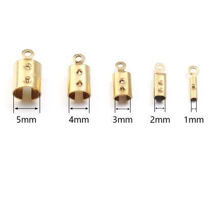Five brass cylindrical jump rings with loop tops shown in sizes 5mm, 4mm, 3mm, 2mm, and 1mm, with dimension arrows and labels on a white background.