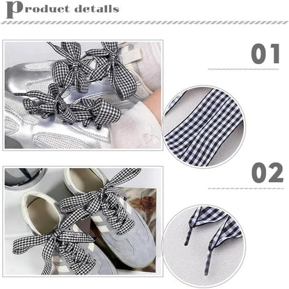 Luxury Pastel Gingham Ribbon Shoelaces | Cute Wide Flat Bow Laces for Sneakers | 1 Pair