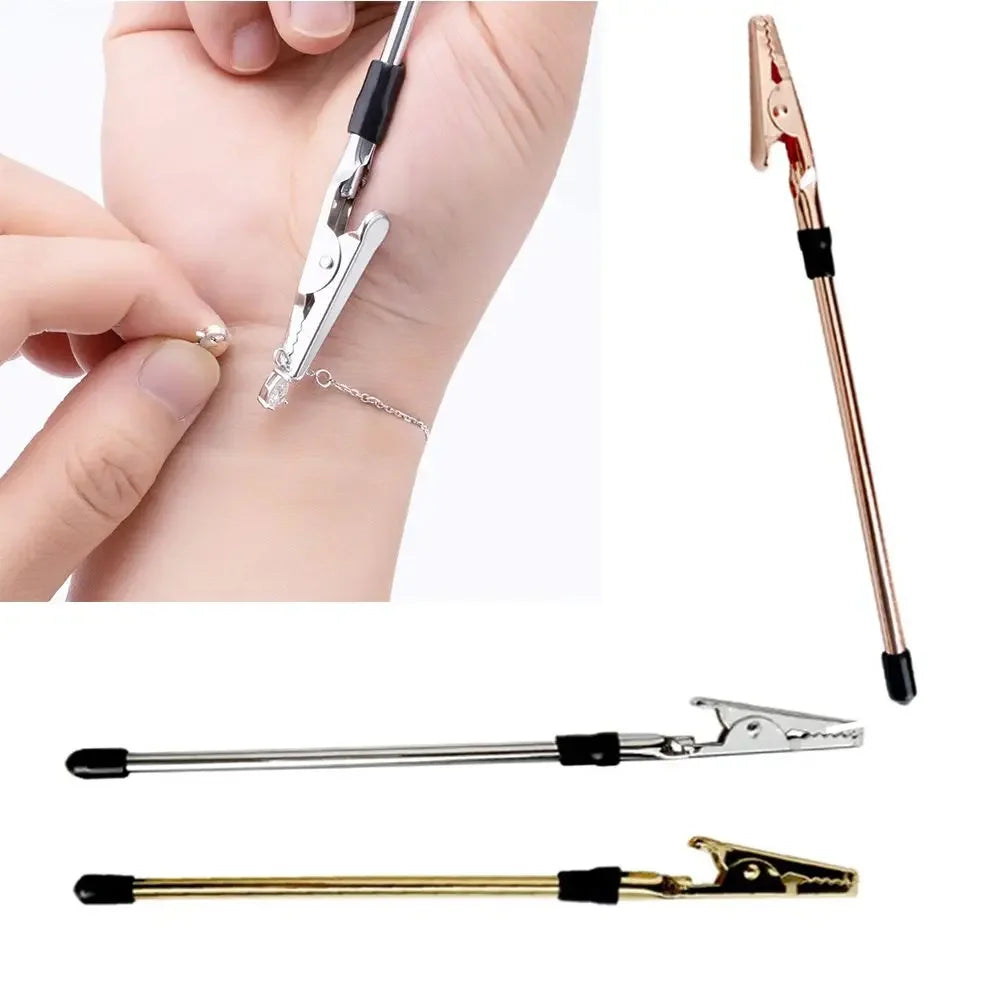 Three extendable jewelry clamps in silver, rose gold, and gold on a white background.