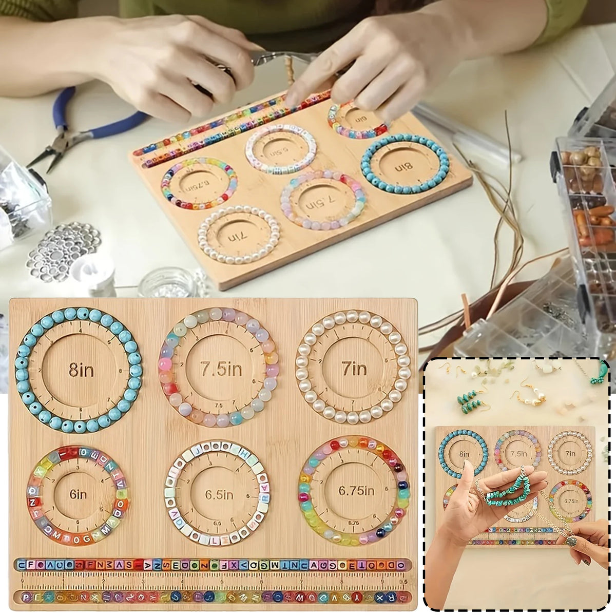 Beaded bracelets on a wooden board with measurement markings, surrounded by jewelry-making tools.