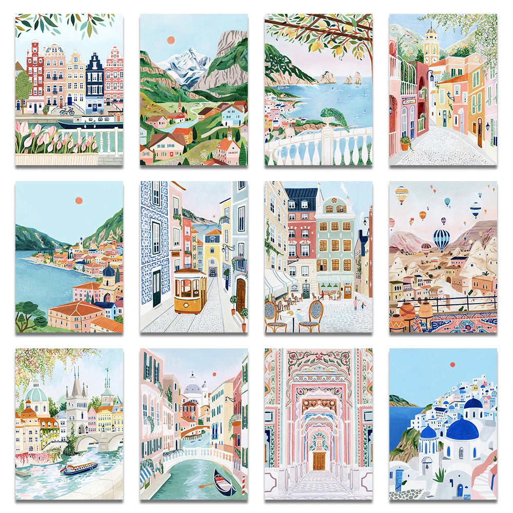 Santorini Lisbon Canvas Wall Art Print Poster Lake Como Central Park Decorative Painting Travel Mural Home Decor Gift Unframed