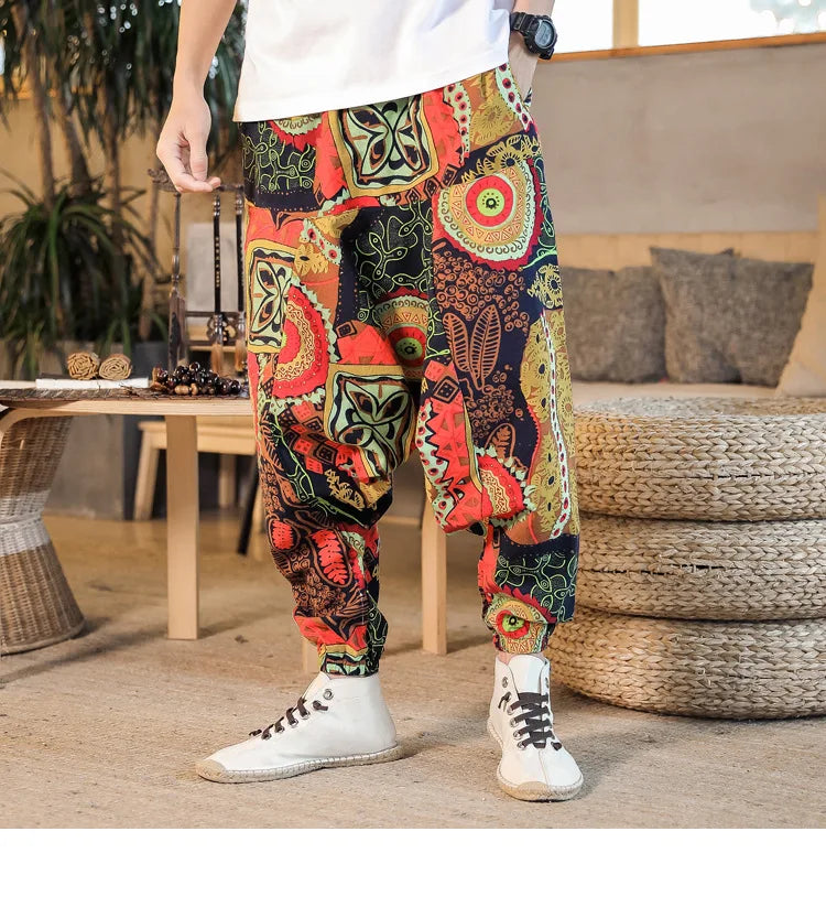 Men Harem Pants Print Retro Drop Crotch Joggers Trousers Men Baggy Loose Nepal Style Men Casual Pants M-5Xl
