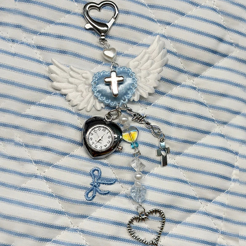 Heart Watch Bag Charm | Functional Clock Keychain | Purse & Backpack Charm with Heart, Key & Crystal Accents