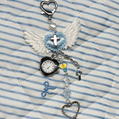 Heart Watch Bag Charm | Functional Clock Keychain | Purse & Backpack Charm with Heart, Key & Crystal Accents