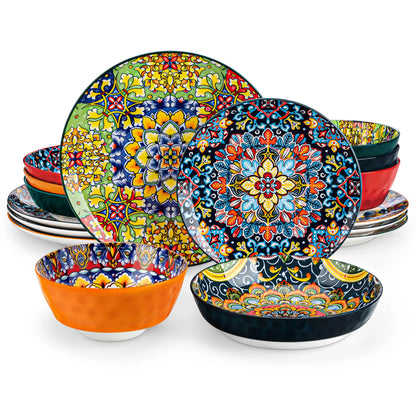 Boho Stoneware Dinnerware Set for 6 | Ceramic Plates & Bowls | 12, 16, 18 or 24 Pieces