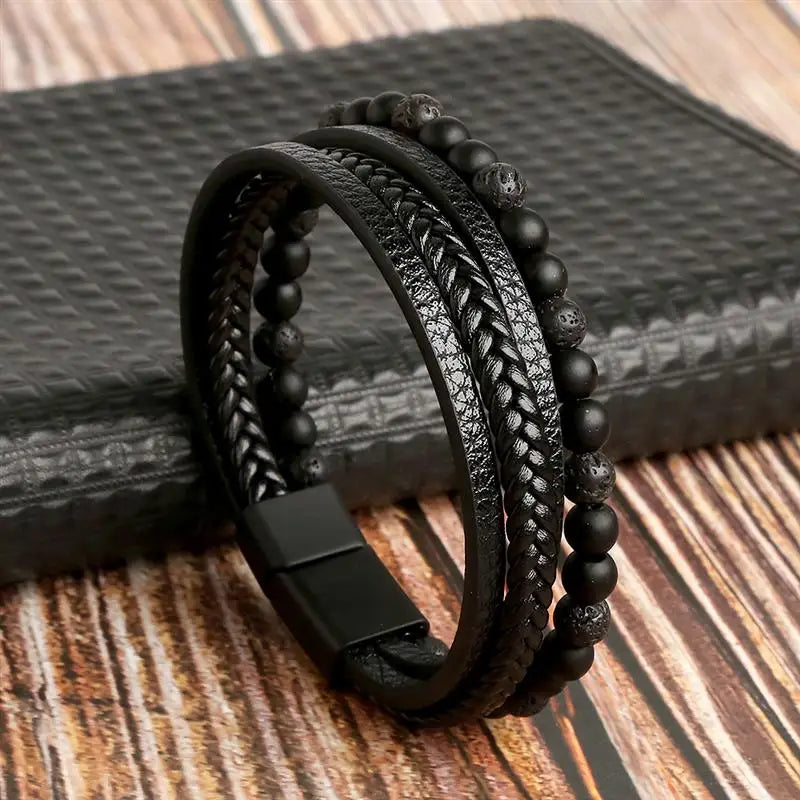 Men’s Multilayer Leather Bracelet | Handwoven Design with Magnetic Alloy Clasp
