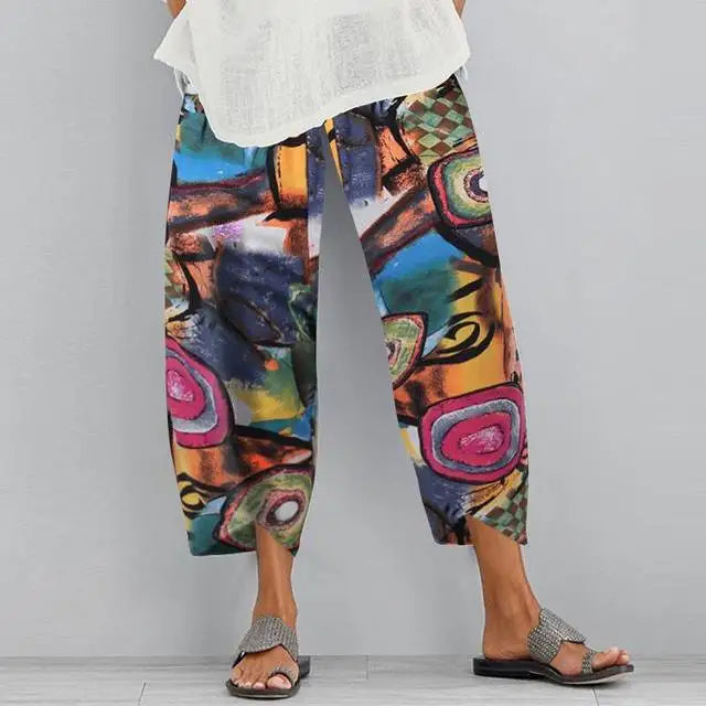 Women's Harem Pants Vintage Cotton Linen Elastic Waist Wide Leg Trousers Female Casual Solid Pockets Loose Cropped Pants