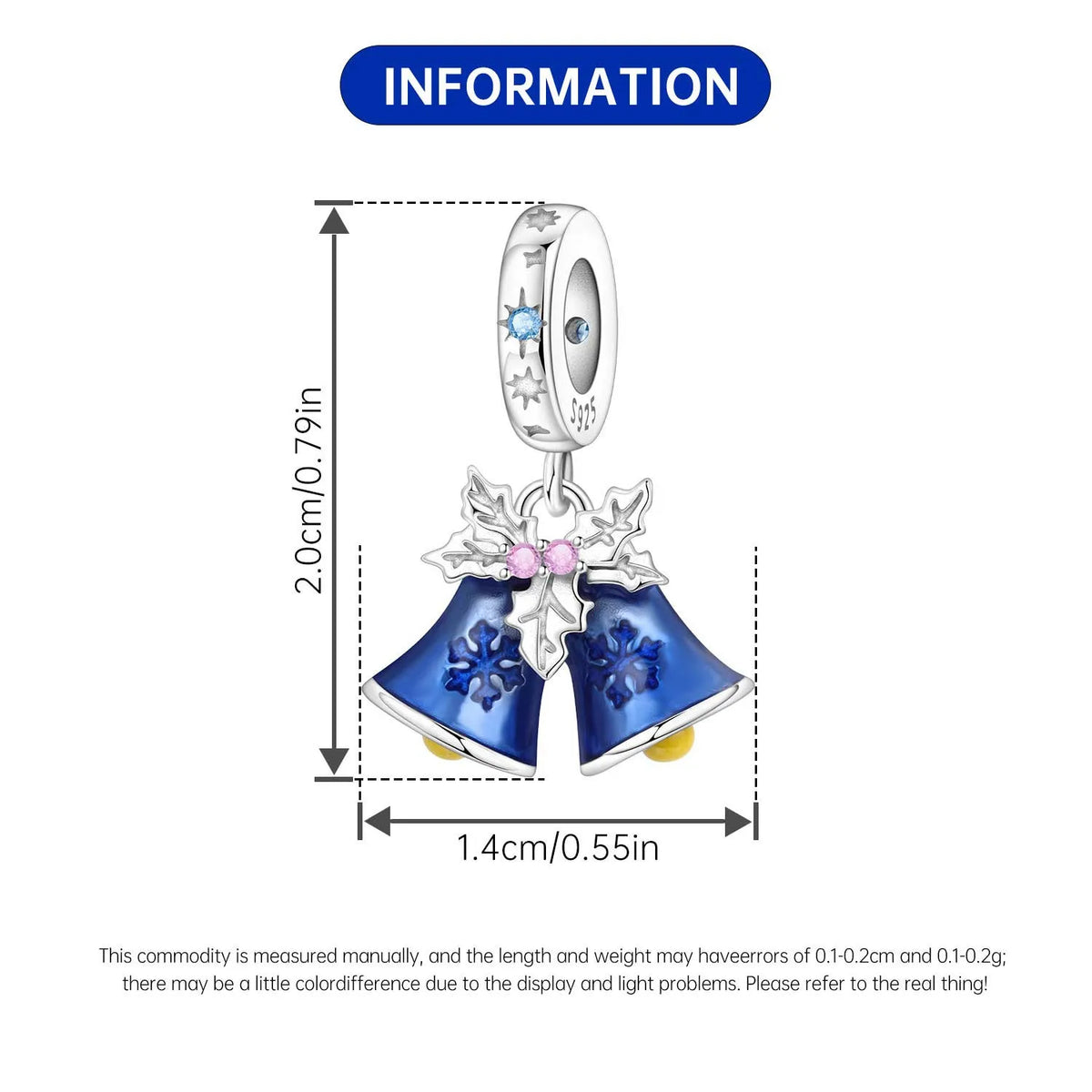 Jewelry charm with blue Christmas bells and measurements on a white background