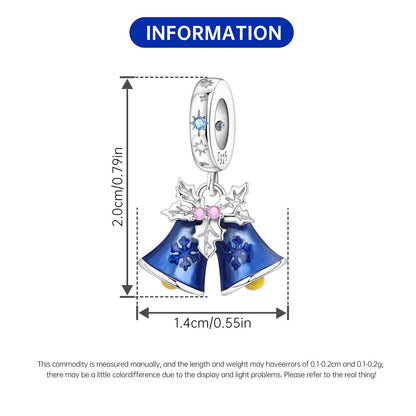 Jewelry charm with blue Christmas bells and measurements on a white background