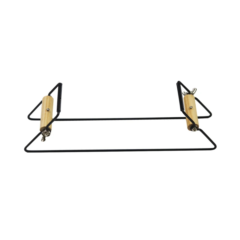 A black metal garment hanger with two adjustable wooden pegs, shown against a plain white background.