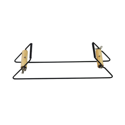 A black metal garment hanger with two adjustable wooden pegs, shown against a plain white background.