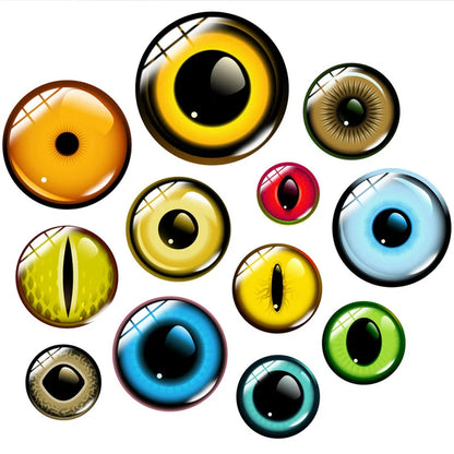 A collection of cartoon-style glossy animal eyes in various colors including yellow, blue, green, red, and brown, arranged on a plain white background.