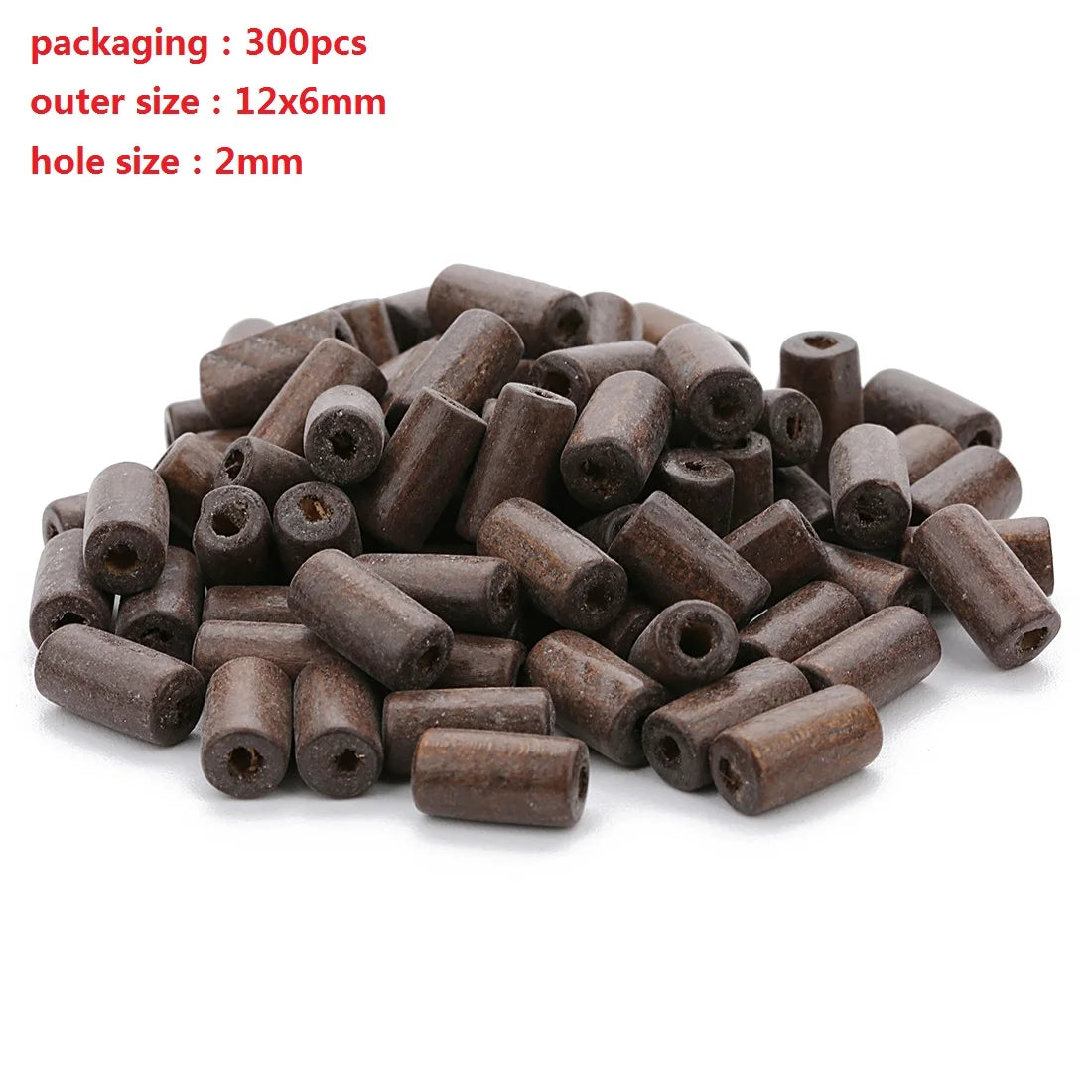 Brown cylindrical beads on a white background with specifications in red text.