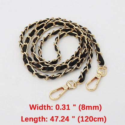 Gold and black chain strap with measurements on a white background