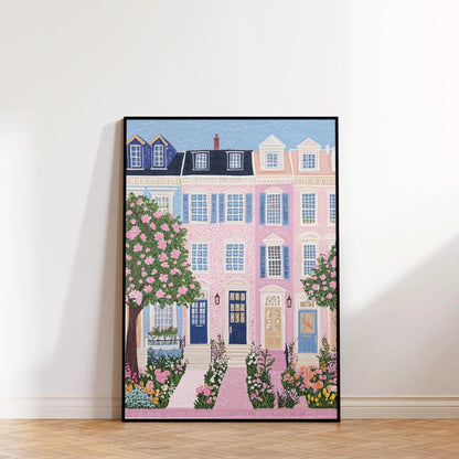1pc Modern Cityscape Travel Mural Pink Flowers Nature Landscape Buildings Art Poster European City Mural Unframed Home Decor