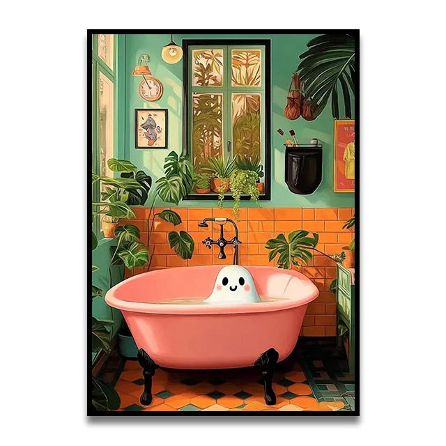 Bathroom Cat Reading on Toilet Canvas Wall Art Print Poster Funny Animal Decor Painting Home Room Decor Gift Unframed