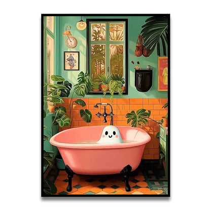 Bathroom Cat Reading on Toilet Canvas Wall Art Print Poster Funny Animal Decor Painting Home Room Decor Gift Unframed