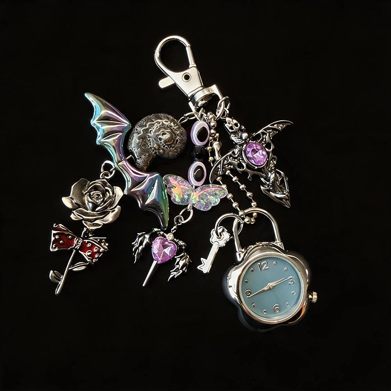 Heart Watch Bag Charm | Functional Clock Keychain | Purse & Backpack Charm with Heart, Key & Crystal Accents
