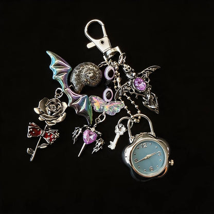Heart Watch Bag Charm | Functional Clock Keychain | Purse & Backpack Charm with Heart, Key & Crystal Accents