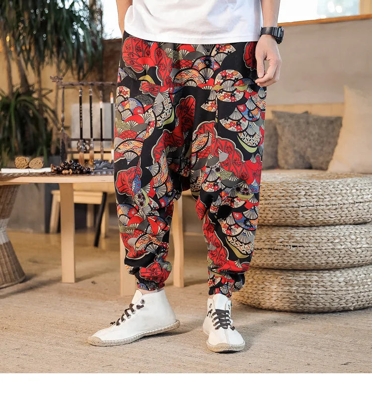 Men Harem Pants Print Retro Drop Crotch Joggers Trousers Men Baggy Loose Nepal Style Men Casual Pants M-5Xl