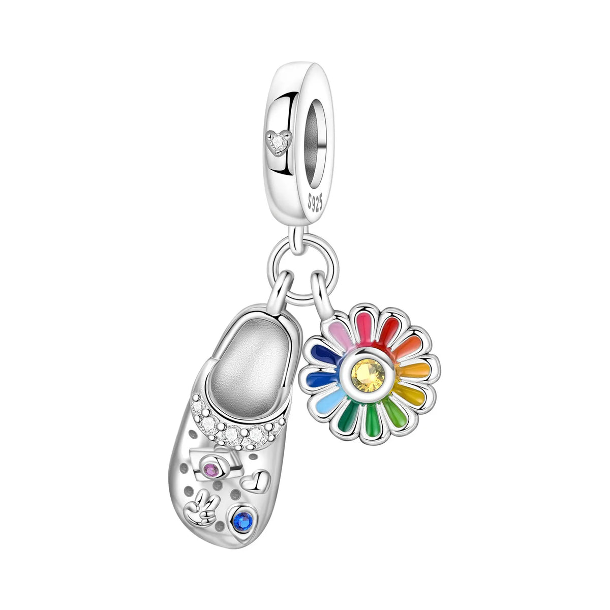 Silver charm with a Dutch wooden shoe and colorful flower on a white background