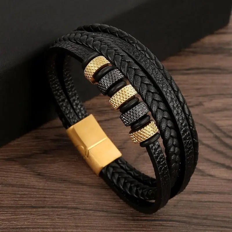 Men’s Multilayer Leather Bracelet | Handwoven Design with Magnetic Alloy Clasp