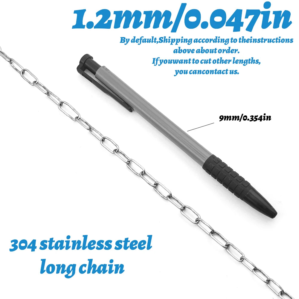 A stainless steel chain link bar shown diagonally across a white background, with blue text indicating dimensions and material details.