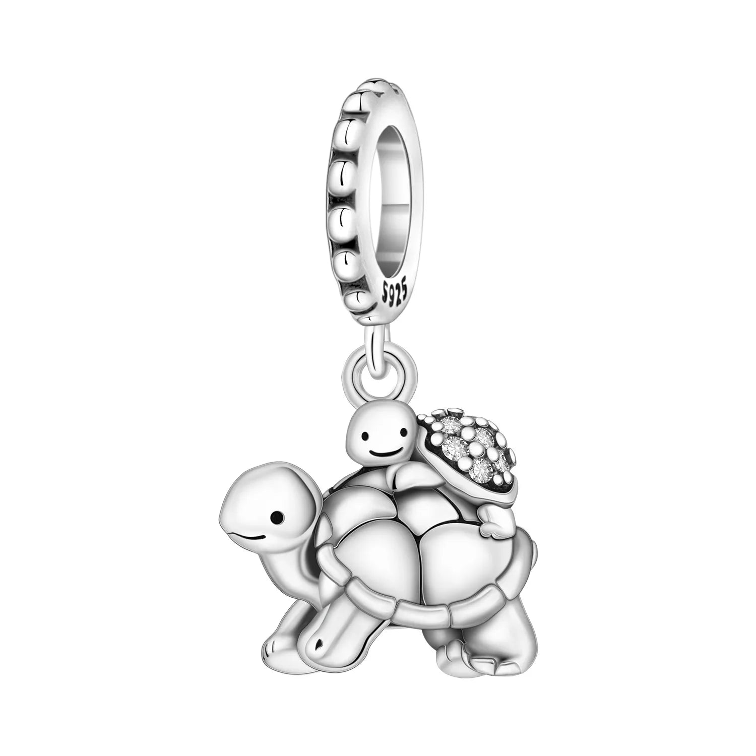Silver charm with a turtle and a small baby holding on a white background