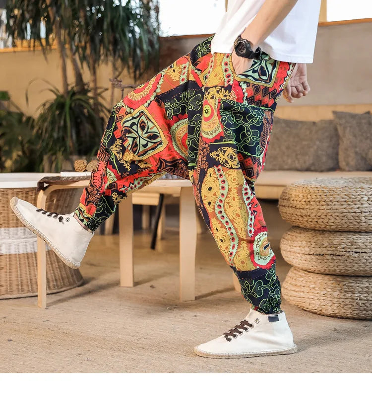 Men Harem Pants Print Retro Drop Crotch Joggers Trousers Men Baggy Loose Nepal Style Men Casual Pants M-5Xl