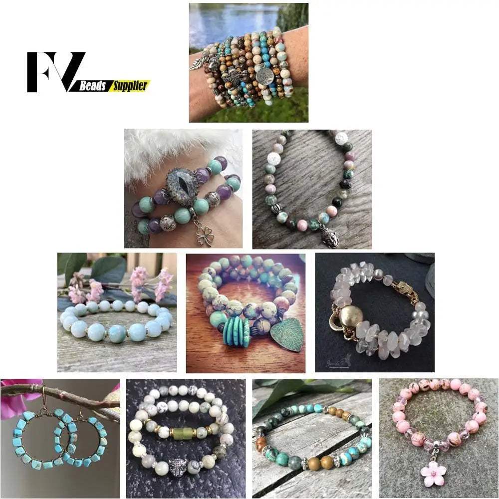 Collage of various beaded bracelets with 'FV Beads Supplier' logo.