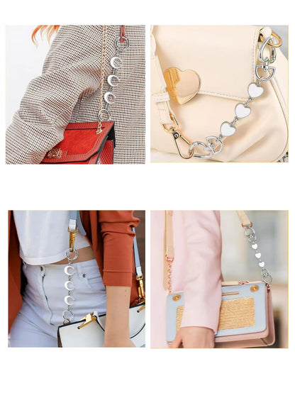 A four-panel collage showing a silver heart-link chain bag charm accessory attached to shoulder straps in different outfit and bag styling contexts.