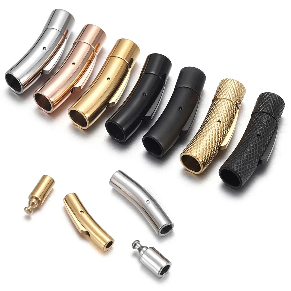 A set of metallic and textured jewelry  clasp accessories shown on a clean white background, including silver, rose gold, black, and gold pieces in straight, curved, and knurled shapes.