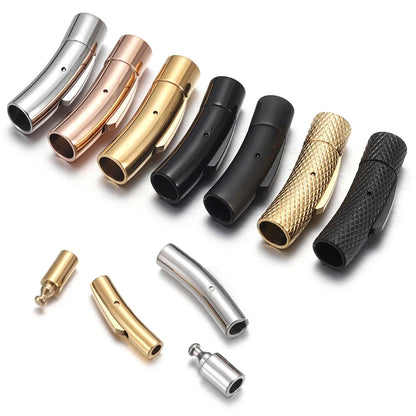 A set of metallic and textured jewelry  clasp accessories shown on a clean white background, including silver, rose gold, black, and gold pieces in straight, curved, and knurled shapes.