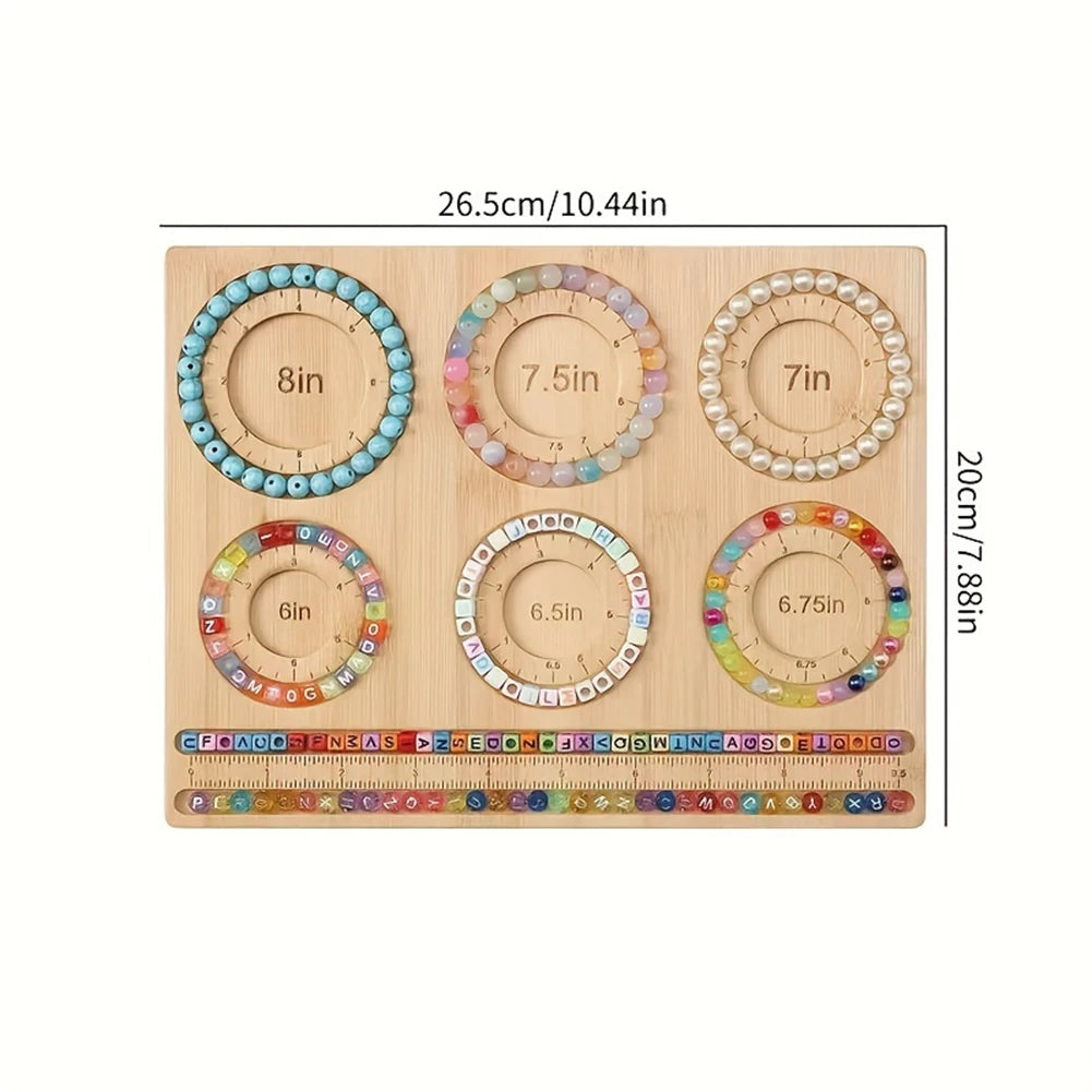 Wooden measuring beadboard with colorful rings and measurements, on a white background